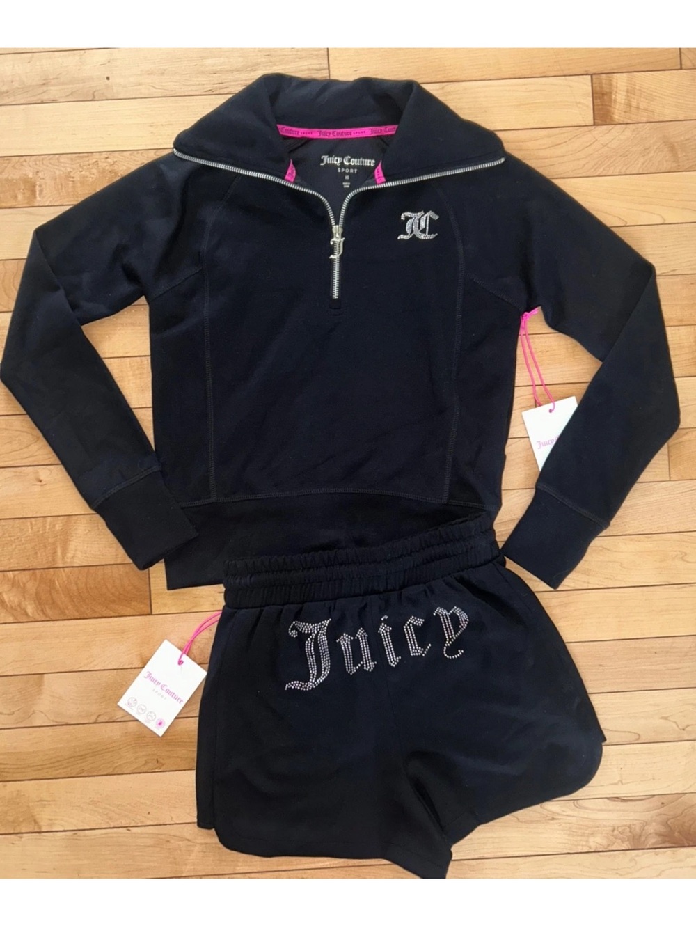 NEW! NWT JUICY COUTURE Bling Logo Sweatshirt & Shorts Set Black Size XS
